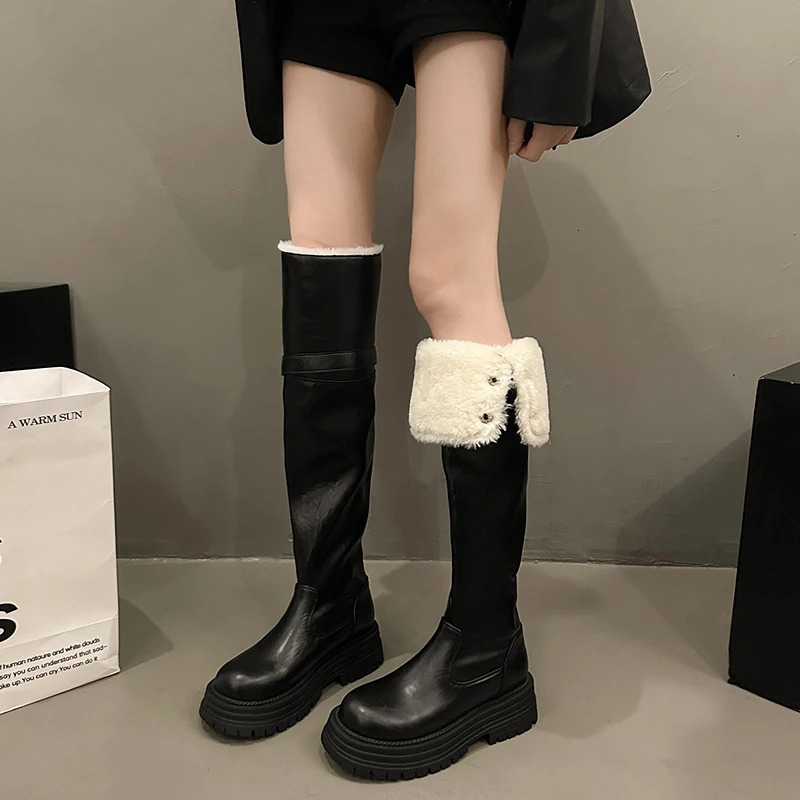 Winter Women Warm Cotton Knee High Boots Elegant Slip On Shoes Concise Thick Heel Long Botas De Mujer 250103