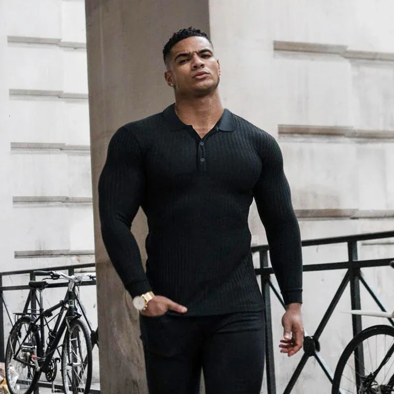 Spring and Autumn Fashion Mens Long Sleeve Knitted Polo Shirt Fitness Clothing Ultra Thin Fit Polo T-shirt Mens Fitness T-shirt Top 250103