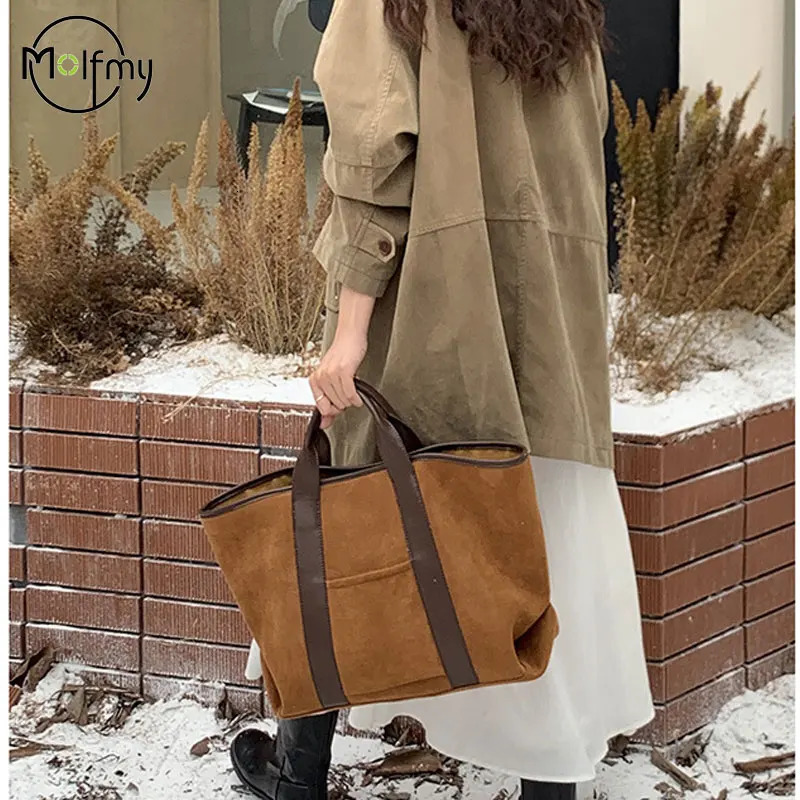 Suede Tote Bag for Women Vintage Shoulder Bags Large Capacity Winter Handbag Commute Shopping Bolsos De Mujer 250102