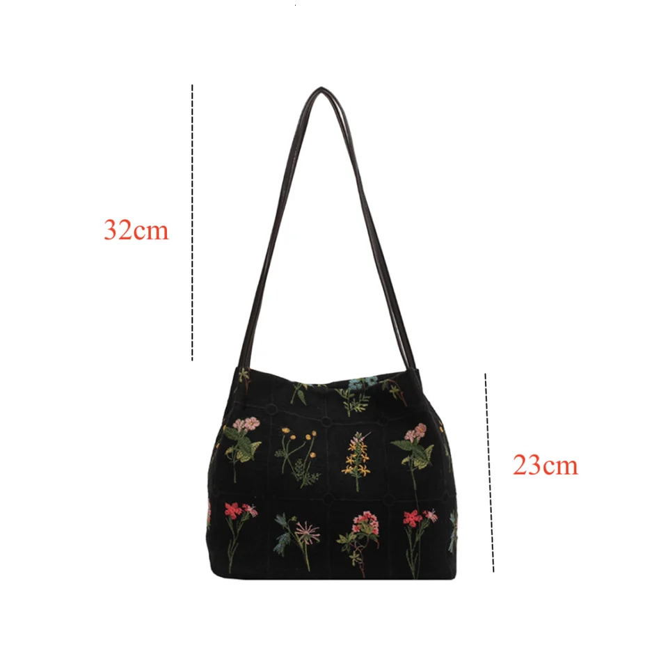Large Capacity Embroidery Flowers Tote Bag Black PU Shoulder Strap Womens Canvas Bags High-quality Fabric Bucket Handbag bolsos 250102