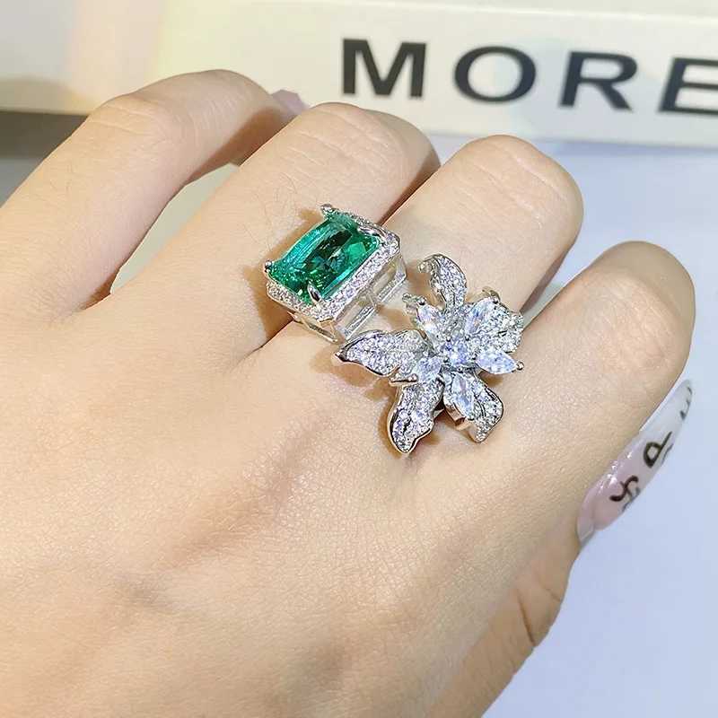 Delicate Square Flower Asymmetric Ring 925 Stamp Full Diamond Set Green Zircon Ring For Women Wedding Party GiftXJ250104