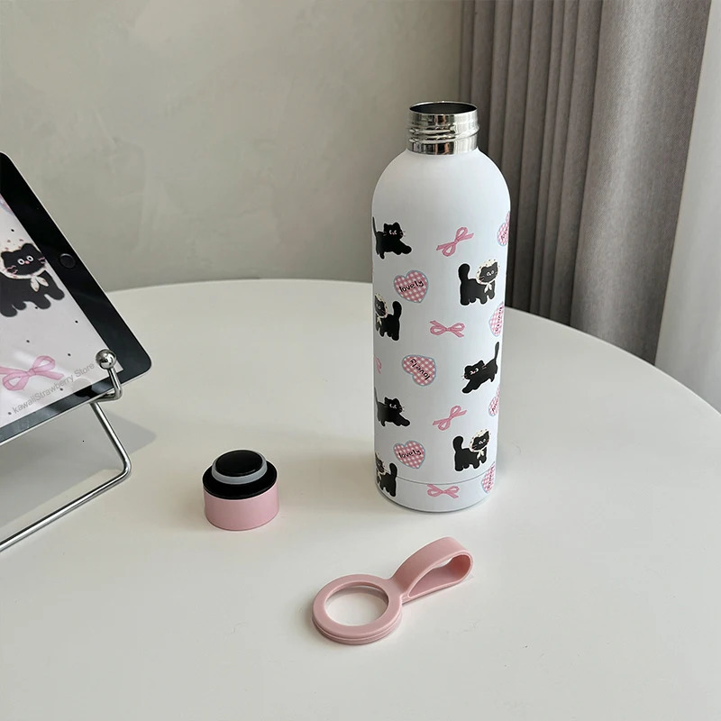 Cute Coffee Tumbler Stainless Steel Thermal Kawaii Cat Thermos Tea Cup Gift Girl Insulated Water Bottle With Handle 500ml 250103 W260226