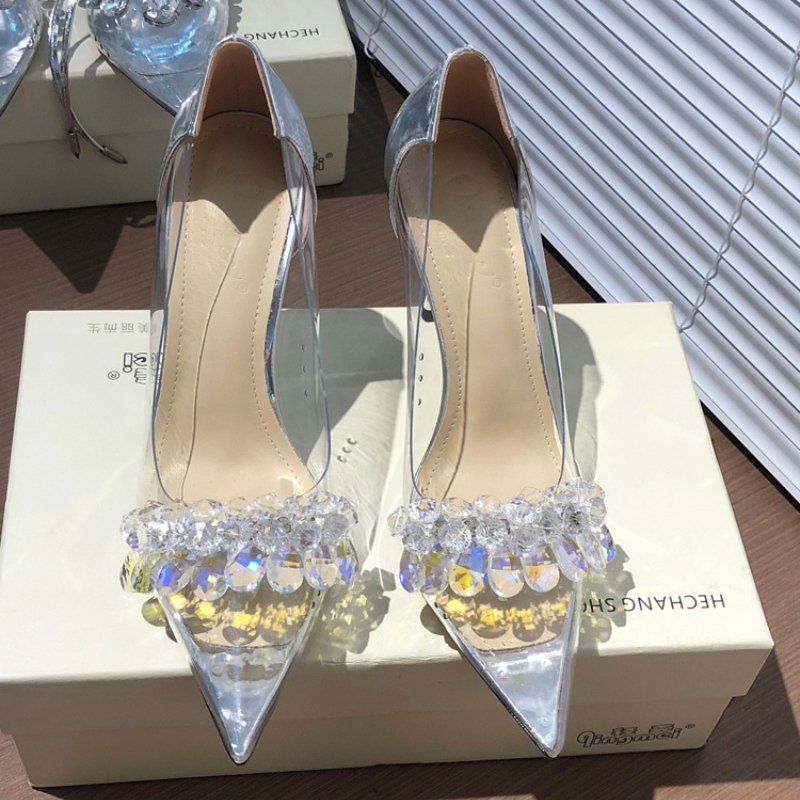 2024 Fashion Sier Rhie Bow Sandals For Womentransparent Women's Mid Heels Stiletto Sexy Bridal Party Wedding Dress Shoes