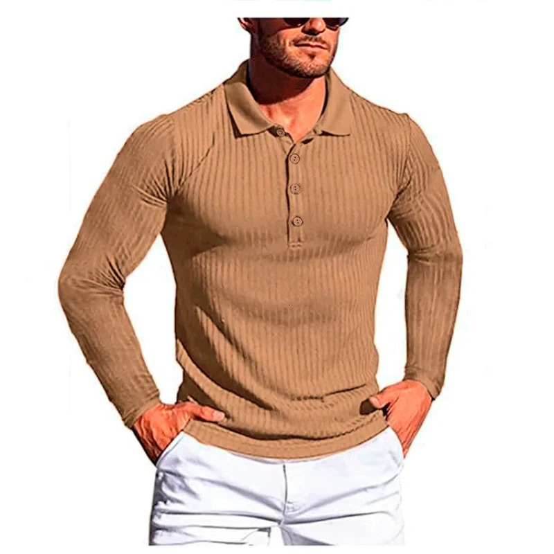 Mens Running Polo Shirt Summer Retro High Street High Elasticity Tees Vertical Stripe Long Sleeve Ultra Thin Knitted Top 250103