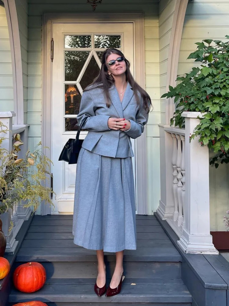 Elegant Women Grey Woolen Blazer Coat Skirt Suits Fashion Lapel Full Sleeves Coats Long Pleated Skirt Set Autumn Lady Outfits 241224