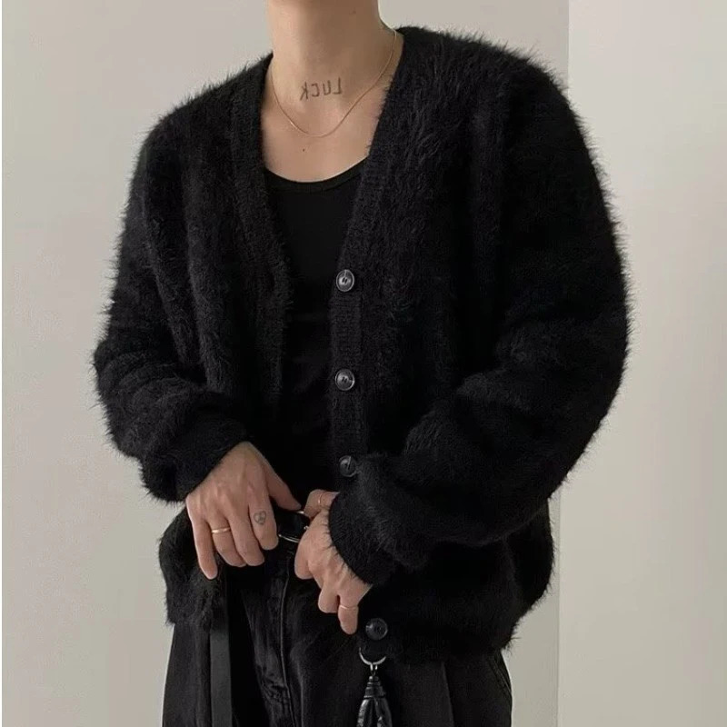 Mens Knitted Button Cardigan Sweatercoat Casual Long Sleeve V Neck Solid Color Vintage Korean Autumn Clothing 241223