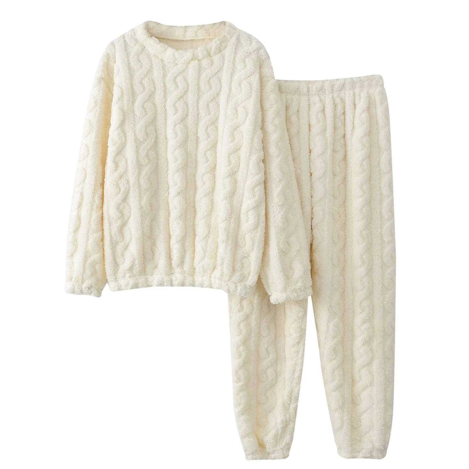 Coral Fleece Sleepwear 2 Piece Set Men Women Autumn Winter Warm Flannel Pajamas Suits Solid Color Pullovers TopsTrousers Suit 250103
