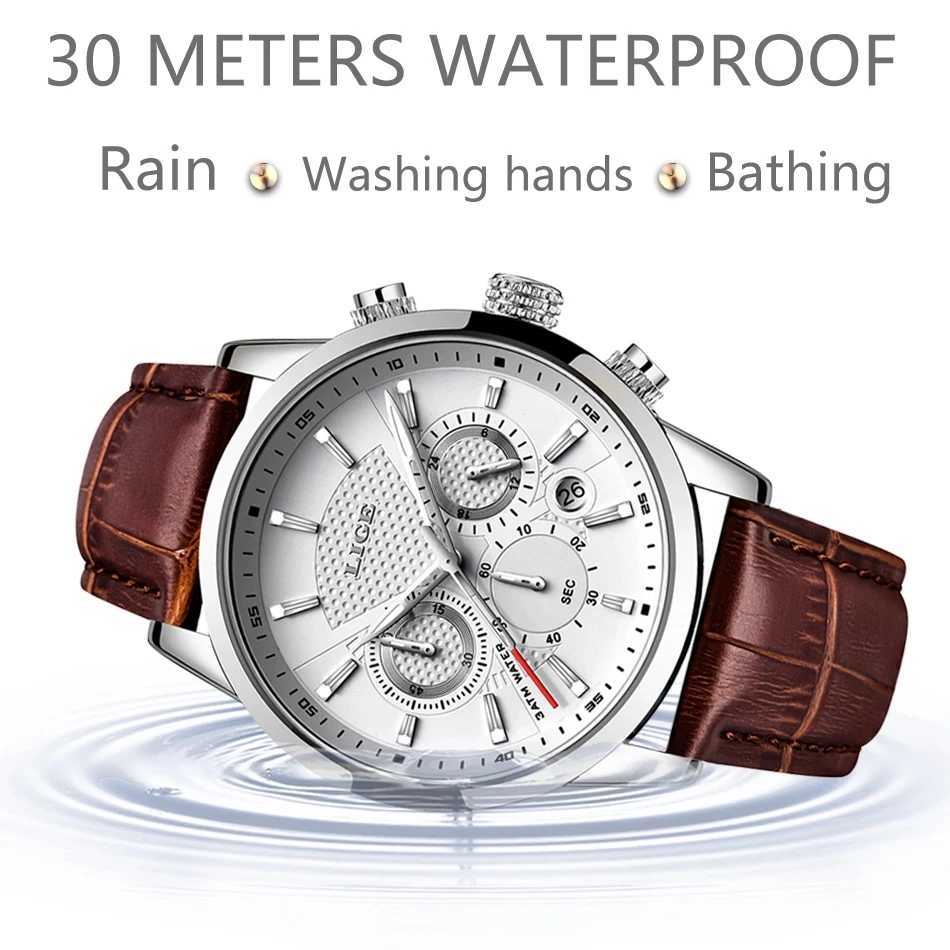 LIGE 2023 Mens Fashion Sports Quartz Watch Mens Top Leather Military Waterproof Date Relogio Masculino W250104