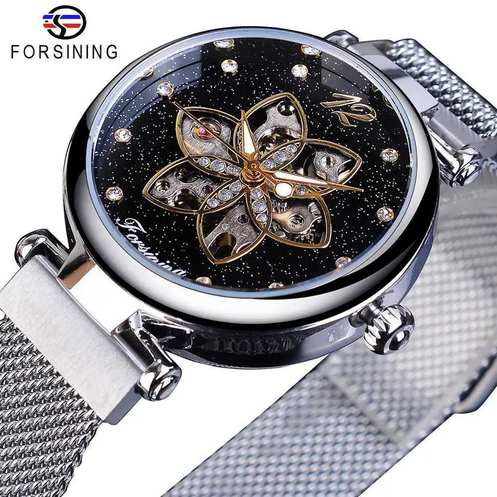 Forsining Top Brand Luxury Diamond Womens Mechanical Automatic Womens Waterproof 2019 Fashion Grid Design Clock W250104
