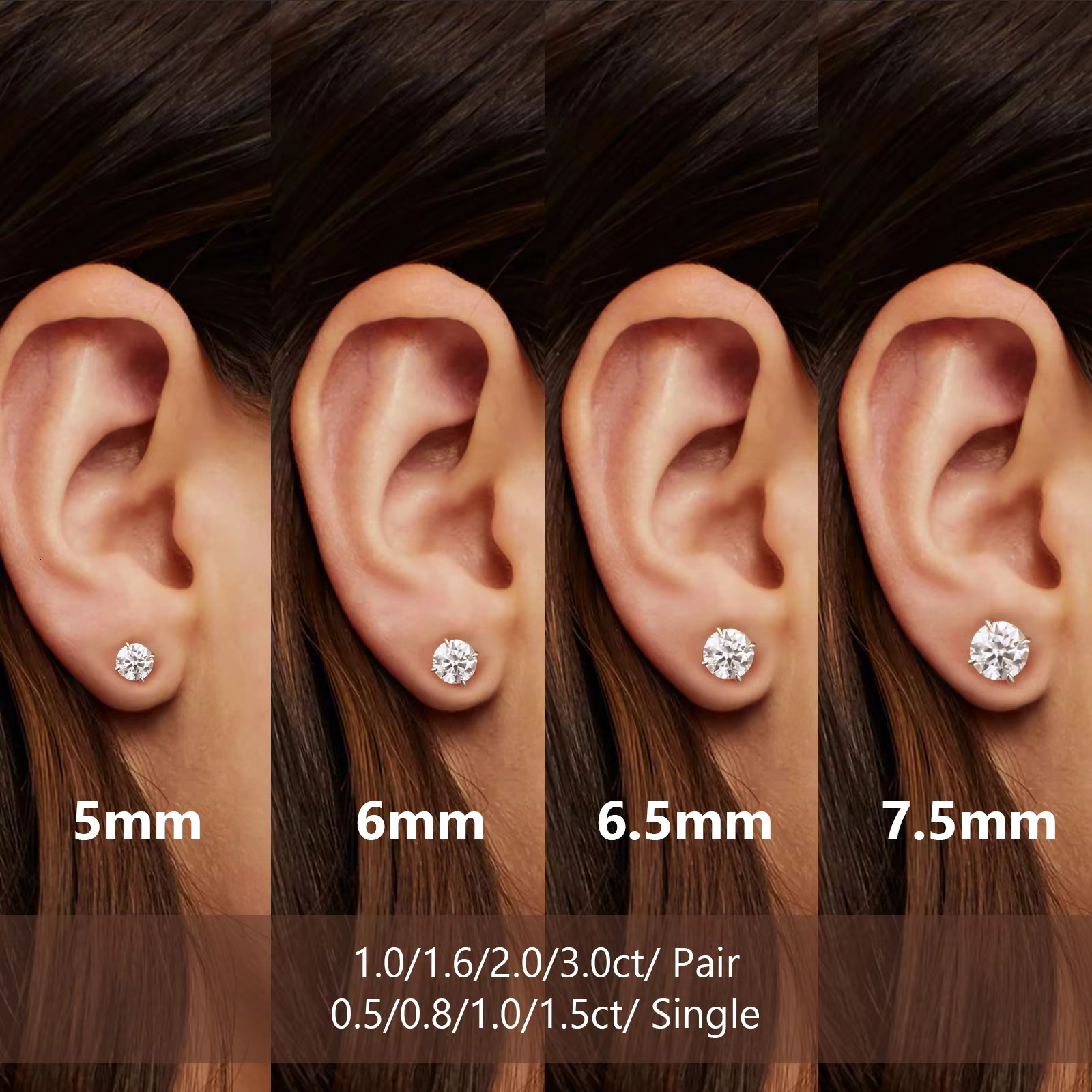 Classic Mossanite Dia Ear Stud 3-8mm 1ct 2ct 14K Gold Plated Sterg Sier VVS GRA Moissanite Earring for Women Men
