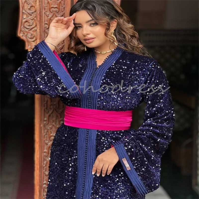 Luxury Caftan Moroccan Evening Dress Navy Blue With Fuchsia Sash Plus Size Sequin Prom Dresses Long Sleeve Dubai Abaya Engagement Arabian abendkleider