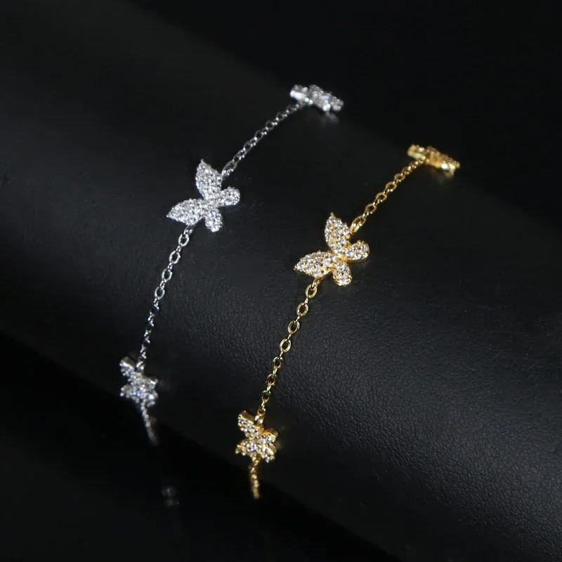 Real 925 sterling silver sparkling CZ butterfly chain pendant sparkling and cute charm bracelet 250102