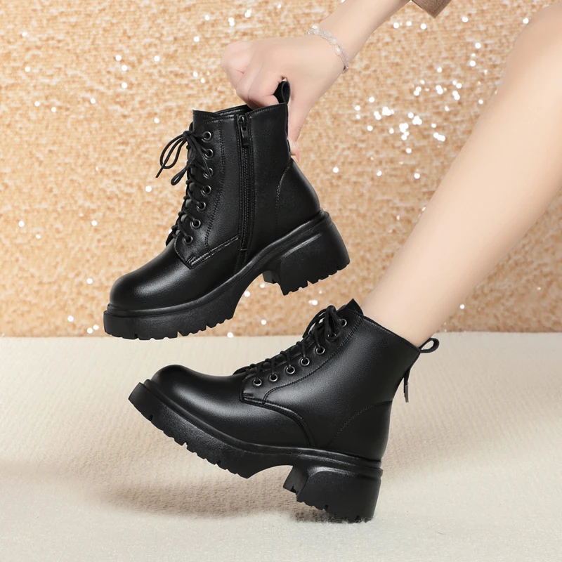 AIYUQI Snow Boots Women Genuine Leather Natural Wool Women Winter Boots British Wind Platform Women Ankle Boot