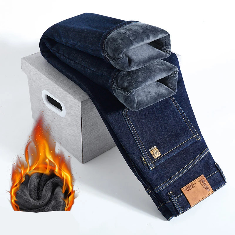 Men Winter Fleece Warm Jeans Fashion Business Pants Retro Classic Denim Trousers Autumn Casual Stretch Slim Jeans Men 241230