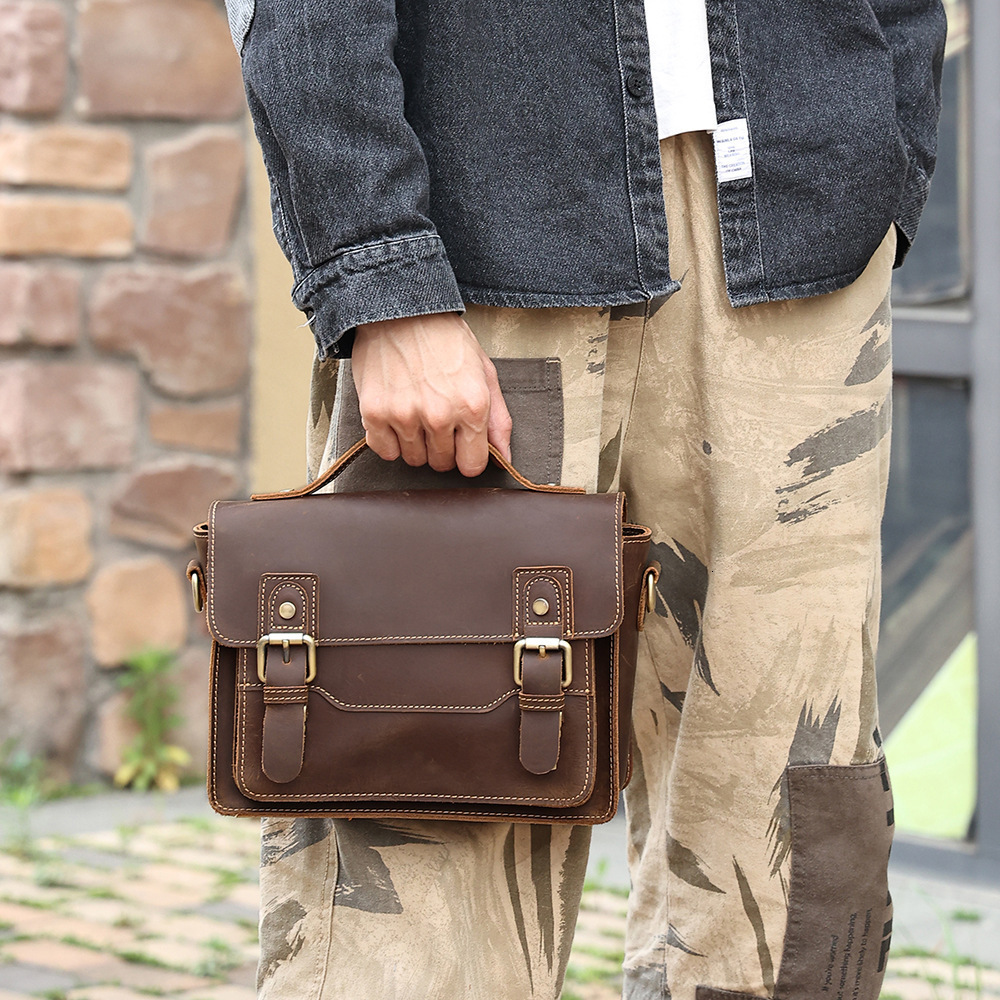 New Small Square Casual Shoulder Crazy Horse Leather Handbag, Crossbody Bag, Men's Style