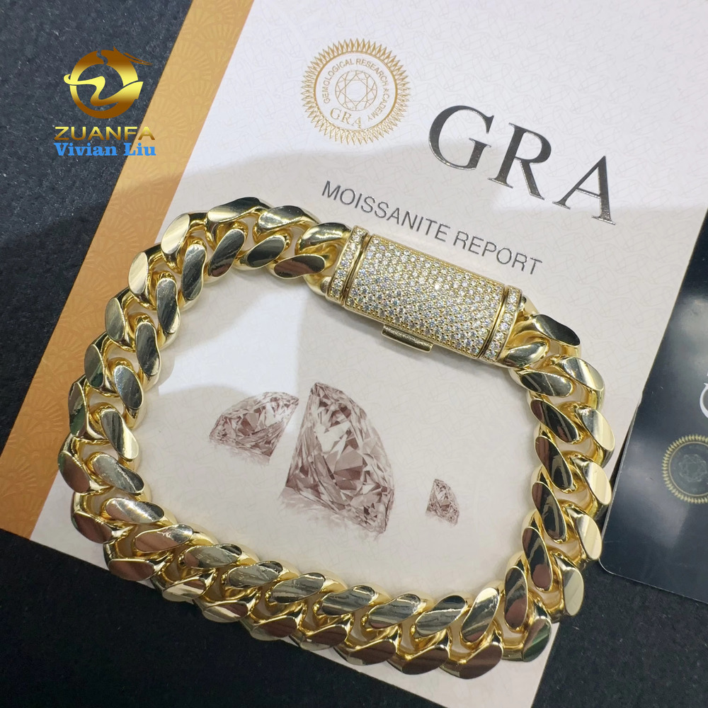 VVS Moissanite Dia Clasp Sterg Sier Hip Hop Jewelry 10K 14K Real Gold Plated 12mm Plain Cuban Bracelet