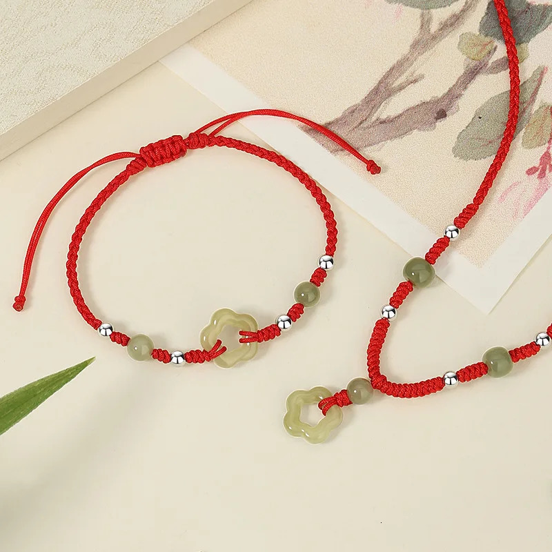 Peach Sterling Silver Hetian Jade Hand Rope Womens China Fashion Flower Bracelet 250102