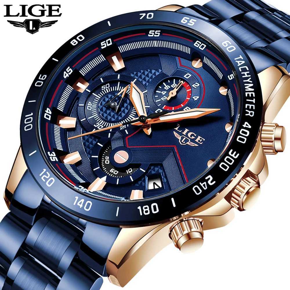 LIGE Mens Top Luxury Stainless Steel Blue Waterproof Quartz Mens Fashion Timing Mens Sports Military W250104