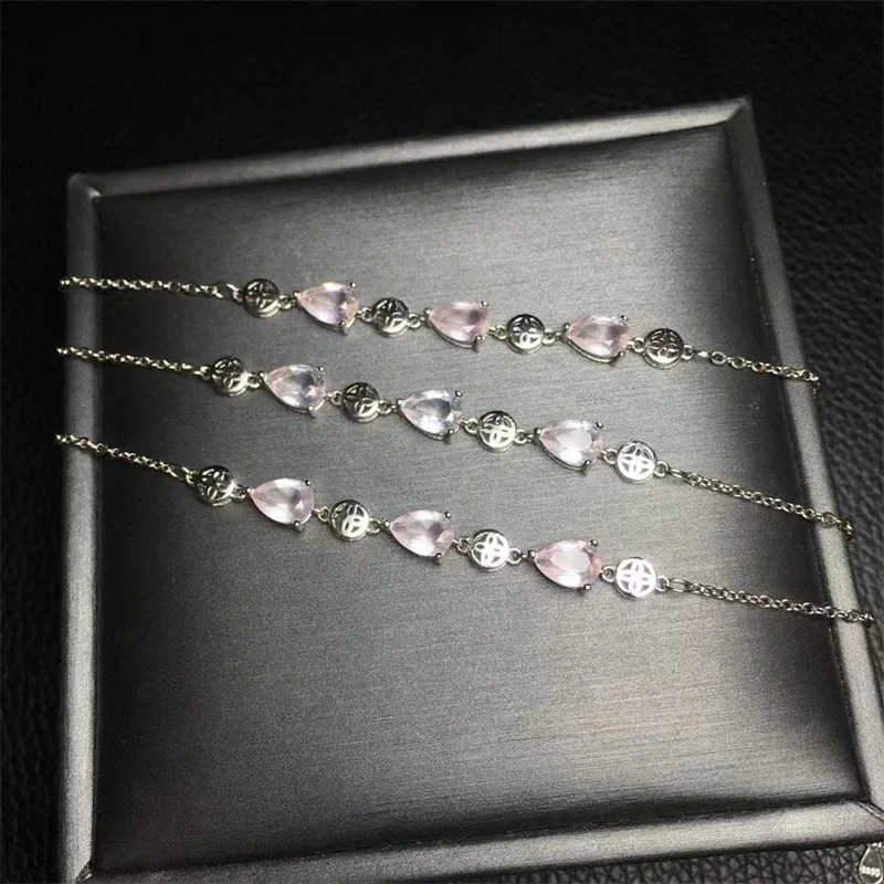 S925 Natural Rose Quartz Teardrop Bracelet Fashion Gemstone Crystal Jewelry Bangle For Women Healing Bohemia Holiday Gift 1pcs 250102