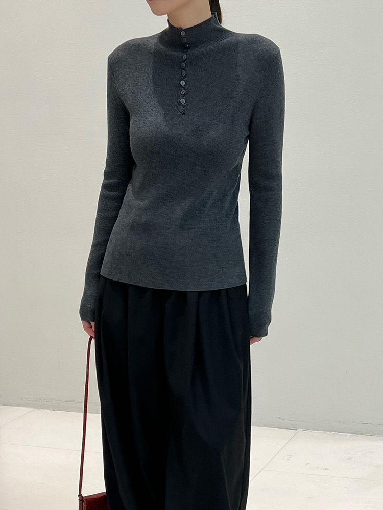 gubb1 Chic Women's Half-High Neck Knit Cardigan - Warm Wool Mix Undergarment for Cold Seasons