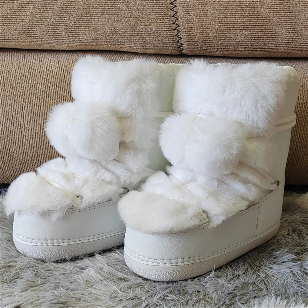 Women Fur Boots 2024 Winter Fluffy Furry Faux Fur Snow Boots Woman Lace-up Waterproof Platform Ankle Boots Pink Ski Boots 250103