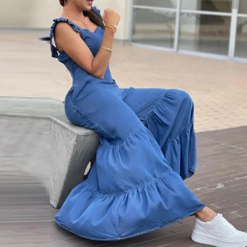 Women Solid Denim Jumpsuits Spring V Neck High Waist Straight Playsuits Summer Backless Wide Leg Pleated Pants Rompers 250103