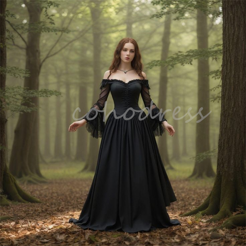 Fantasy Black Gothic Wedding Dress Off Shoulder Long Sleeve Civil Boho Era Witch Bride Gown Medieval Celtic Aesthetic Forest Country Elvish Robe De Ma