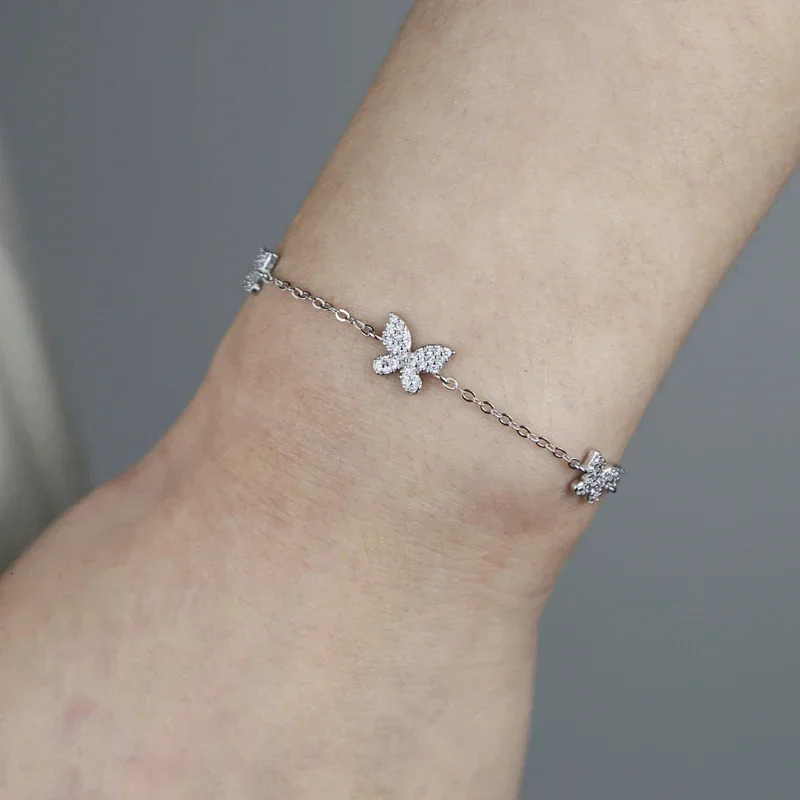 Real 925 sterling silver sparkling CZ butterfly chain pendant sparkling and cute charm bracelet 250102
