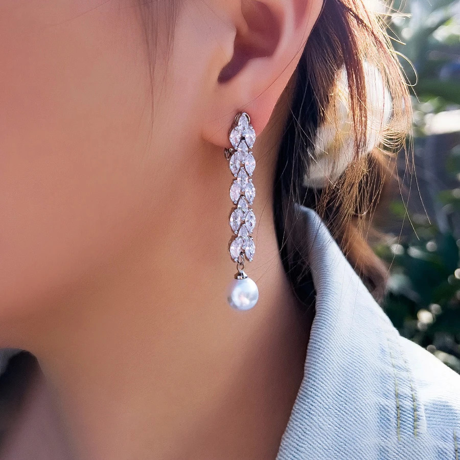 ThreeGraces Brilliant Zirconia Long Simulated Pearl Clip On Earrings for Women No Ear Hole n Bridal Party Jewelry EJ112 250103