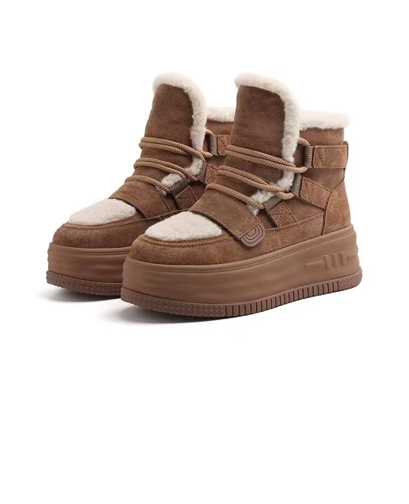 Wool genuine leather and plush snow boots for winter New waterproof anti slip thick soled thickened fur integrated cotton shoes and short boots