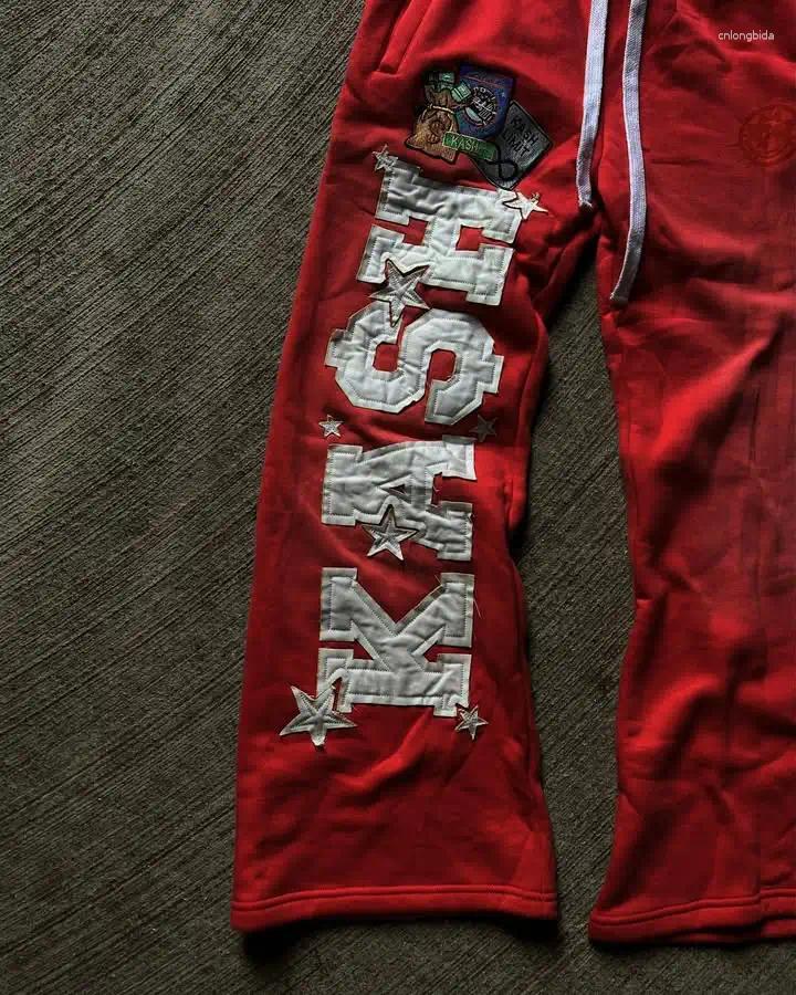 Long Jogging Pants Retro Red Y2K with Letter Patch Embroidery, Loose Elastic Waist Cool Mens Sweatpants