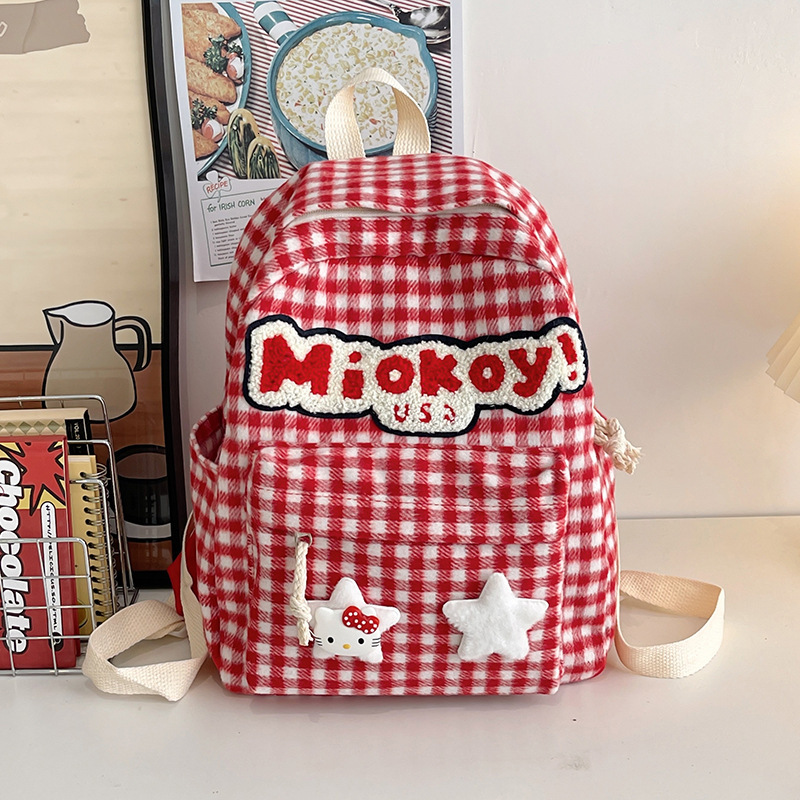 Red checkered cute student backpack, female travel, spring outing cartoon backpack