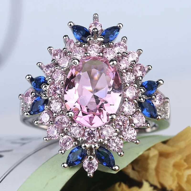 Fasion Real Solid 925 sterling silver ring womens gift AAA multi-color zircon jewelry blue paving flower wedding silver ringXJ250412