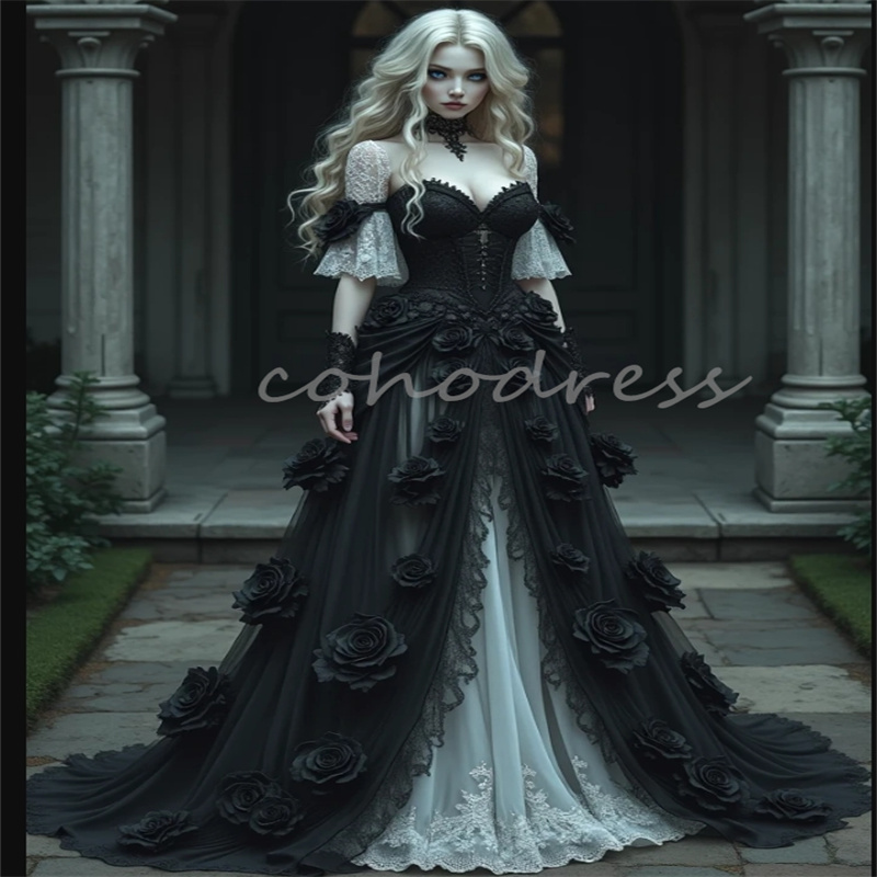 Elvish Black And White Gothic Wedding Dress Victorian Vampire Elf Country Bridal Dress With Rose Floral Fantasy Bride Medieval Renaissance Vestio De N