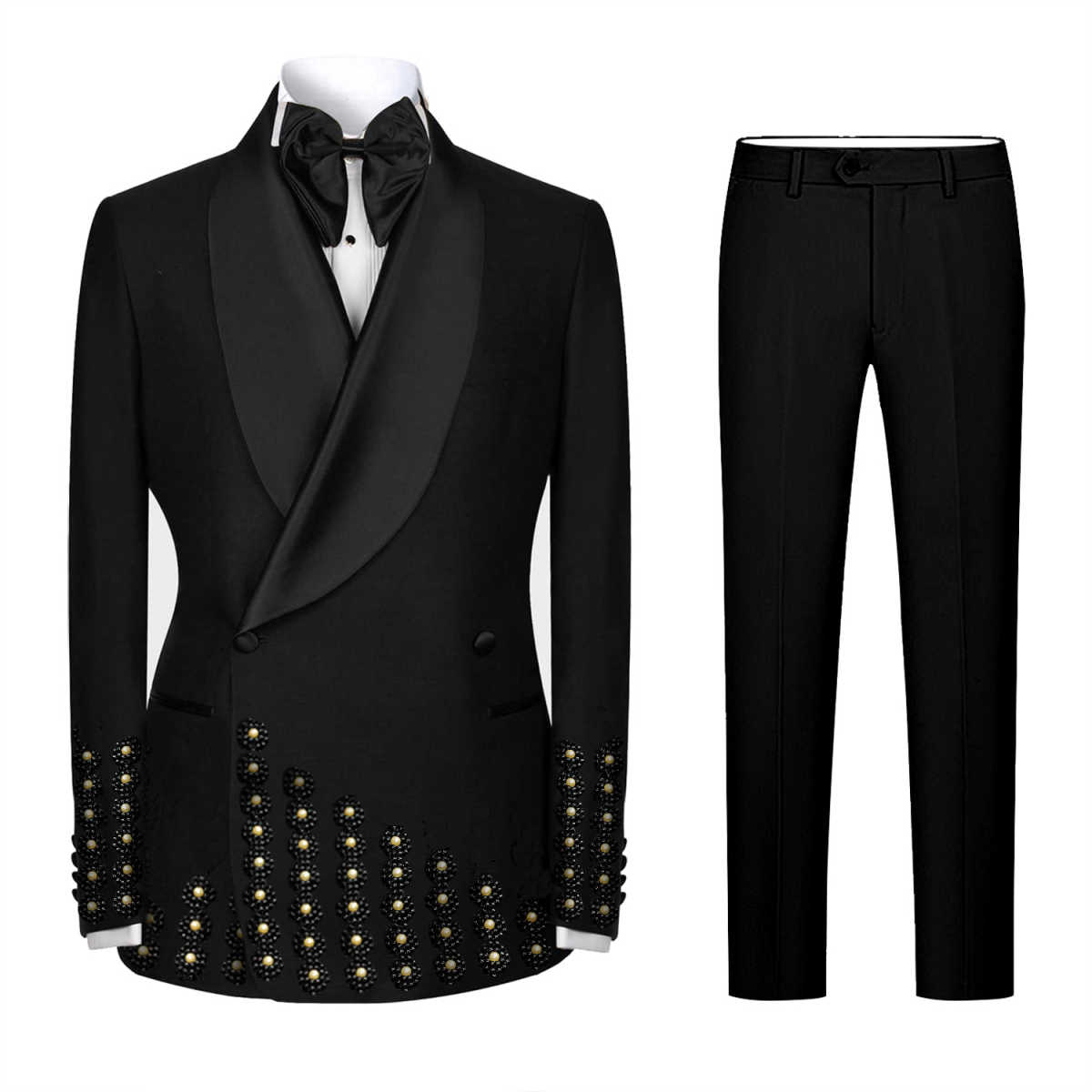 Customize Slim Fit Groom Tuxedos Designer New Fashion Two-Pieces Mens Suit Beaded One Button Customized Shawl Lapel Pockets Bridegroom Tailor Made Coa