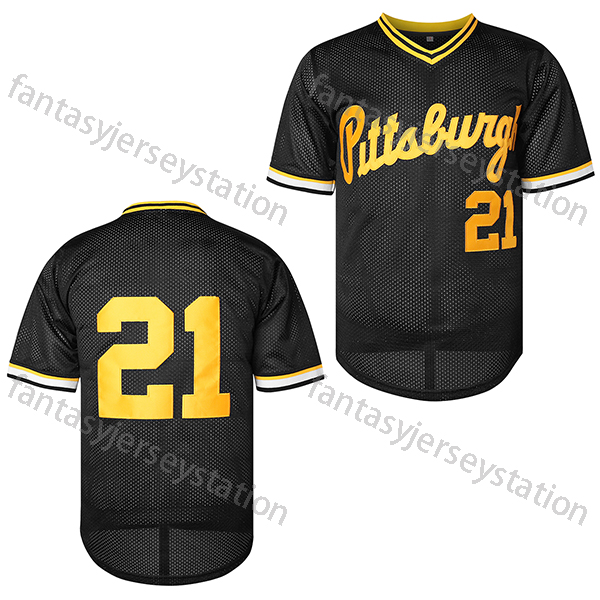 In Stock Men's Polyester 21 Black Baseball Jersey - V-Neck, Polyester, Adult Unisex, CLEMENTE Embroidered Short Sleeve Sports Top for Training, S