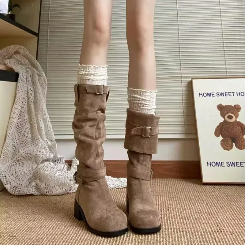 2024 Spring and Autumn High Quality Womens Shoes Fashionable Round Toe Medium Heel Solid Color Suede Sleeve Womens High Boots 250103