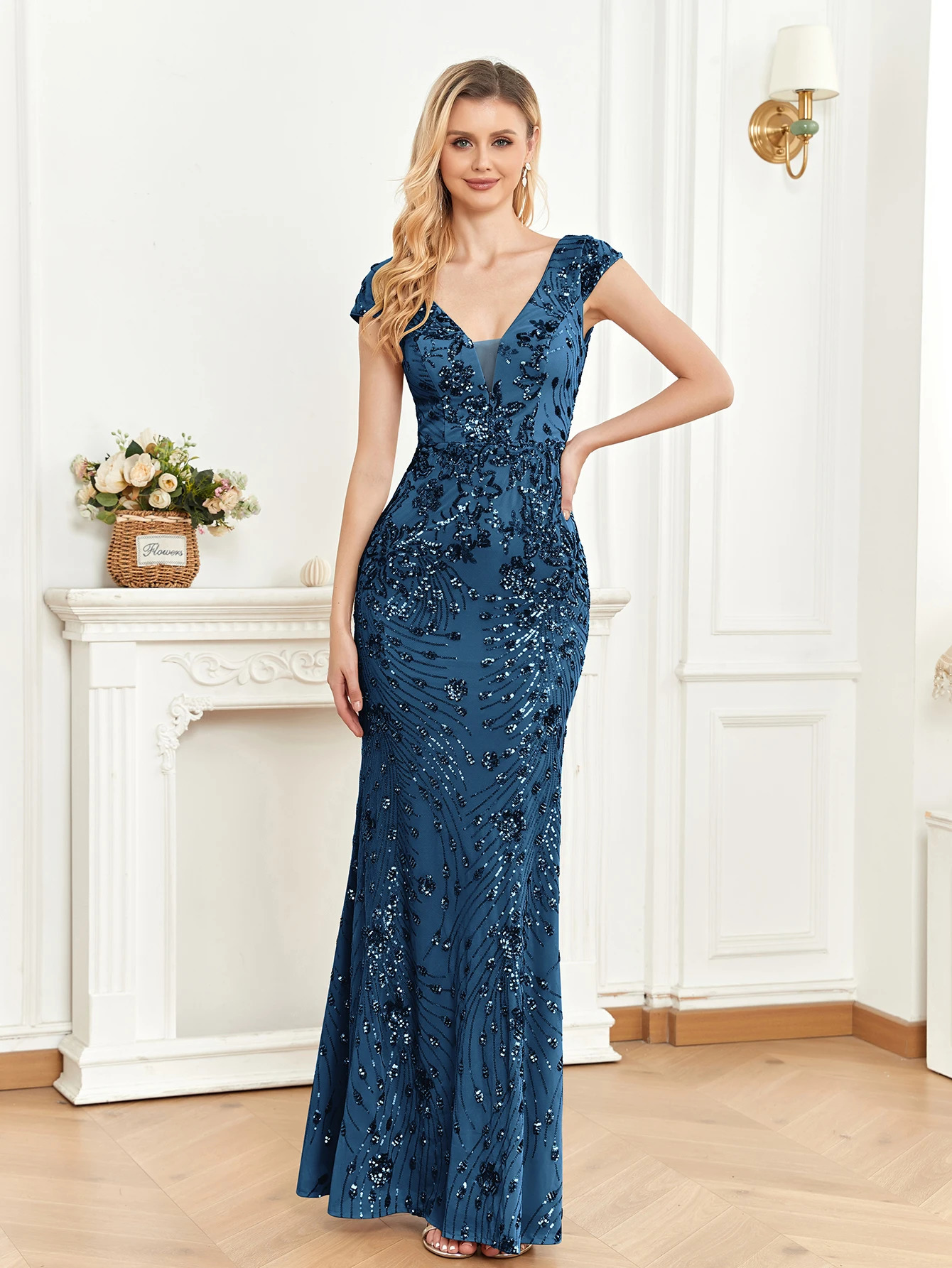Xuibol Elegant Champagne Sparkle Evening Dress Womens Long Mermaid Formal Deep V-neck Ball Party Dress 250103