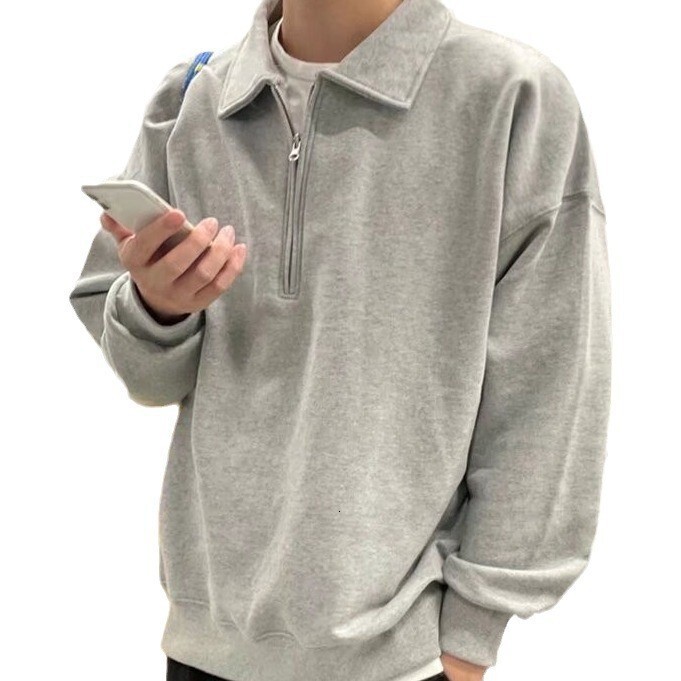 American High Street Simple Solid Color Half Zipper Hoodie for Mens Autumn Trendy Versatile Loose Casual Collar Top