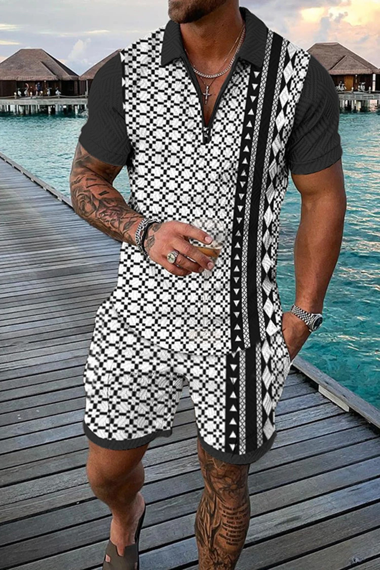 Men Summer Polo Shirt Set 2 Pieces Hawaii Tracksuit Casual Business Suit Fashion Trun Down Collar Zipper Clothing Vintage Outfit 250102