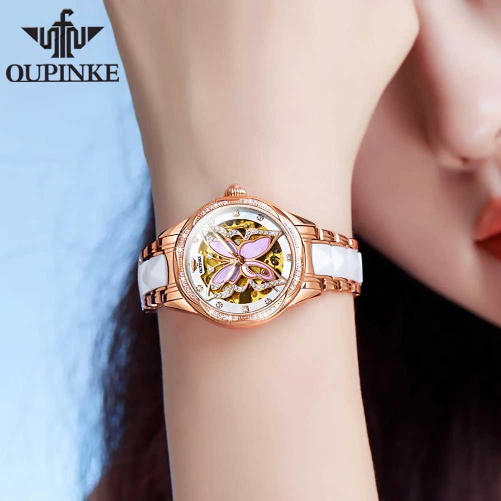 OUPINKE 3239 Elegant Butterfly Womens Hollow Diamond Dial Deep Waterproof Ceramic Str Watch Bracelet Set W250104