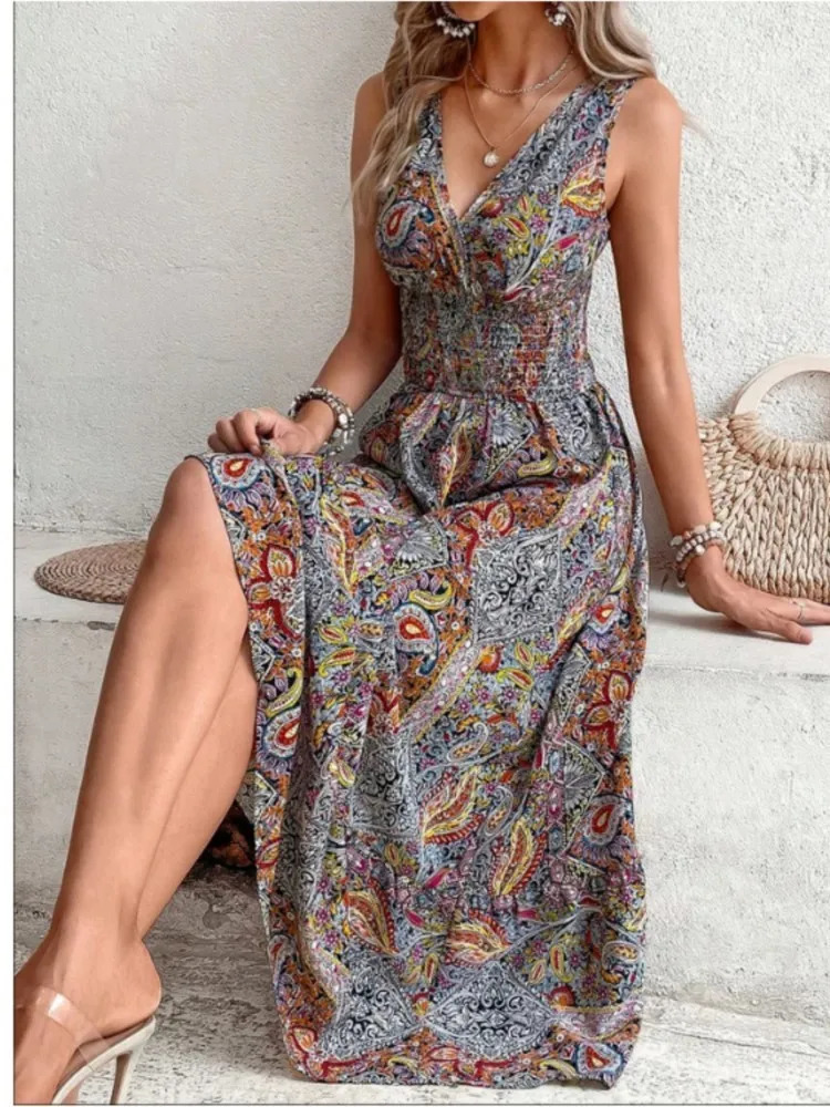 Summer Bohemian Dress Womens Fahsion Sleeveless Printed Beach Party Dress Elegant Casual Holiday Womens Wear 250103