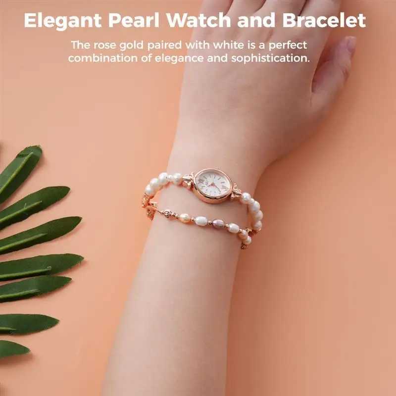 Pearl and Bracelet Set Elegant Womens Waterproof Quartz Suitable for Women Rose Gold Comes with Natural Pearl Gift W250104