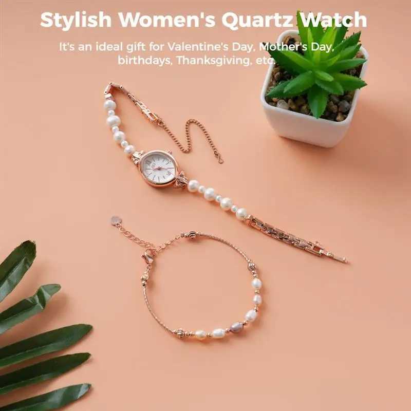Pearl and Bracelet Set Elegant Womens Waterproof Quartz Suitable for Women Rose Gold Comes with Natural Pearl Gift W250104