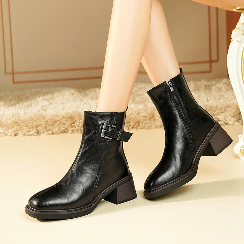 AIYUQI Women Ankle Boots Square Toe Genuine Leather Vintage Women Ankle Boots British Style High Heel Booties Women