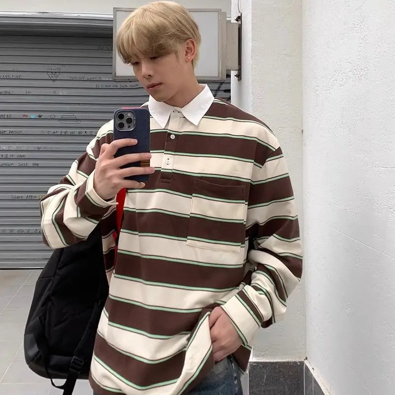 Comparison of American patch work polo shirt mens loose spring and autumn Korean casual retro striped long sleeved T-shirt 241230