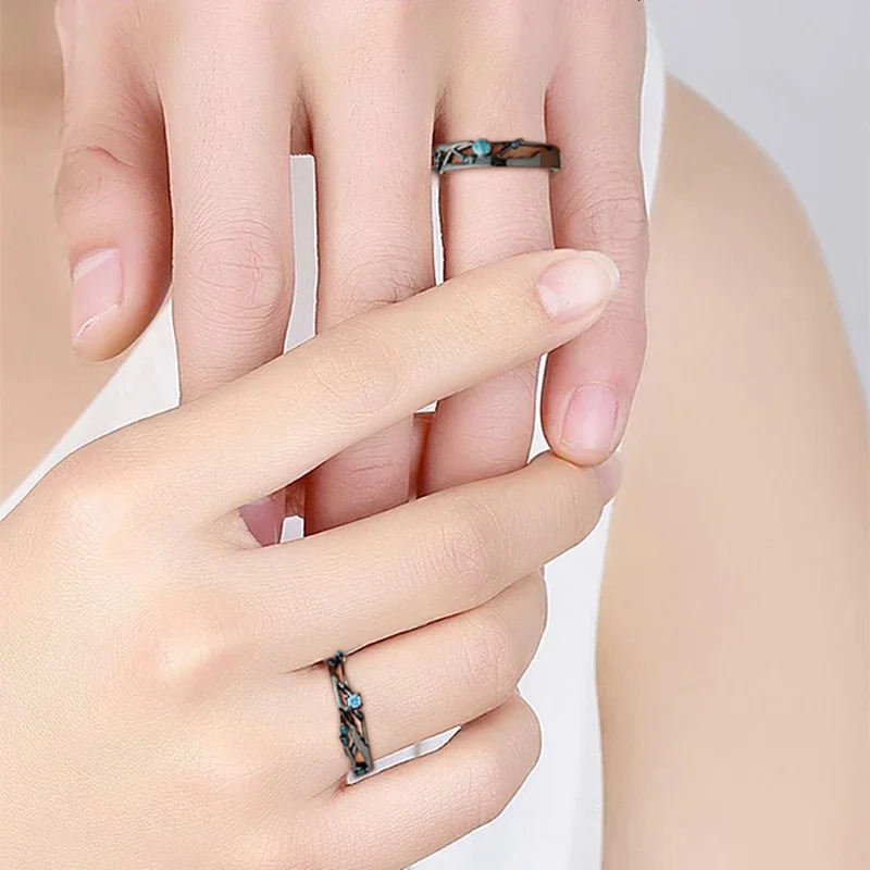 Monkton 100% 925 Sterling Silver Couple Rings Blue Cubic Zirconia Wedding Bands Boho Black Retro Rings for Women Lovers Gift 250103