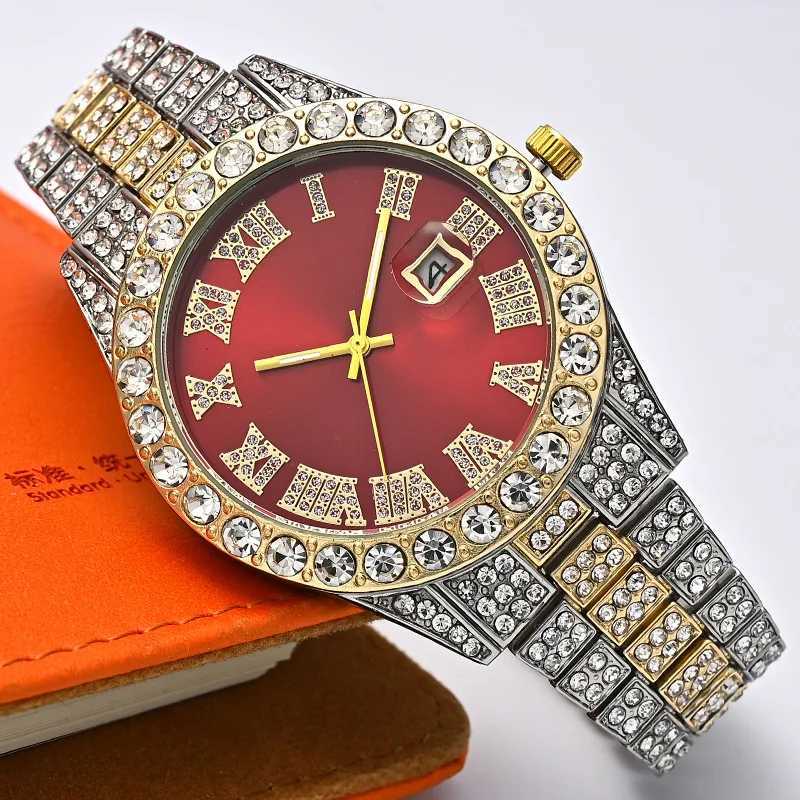2 pieces+Bracelet Hip Hop Stain Steel Gold Calendar suitable for mens d out Rhine stone mens Reloj Hombre W250104