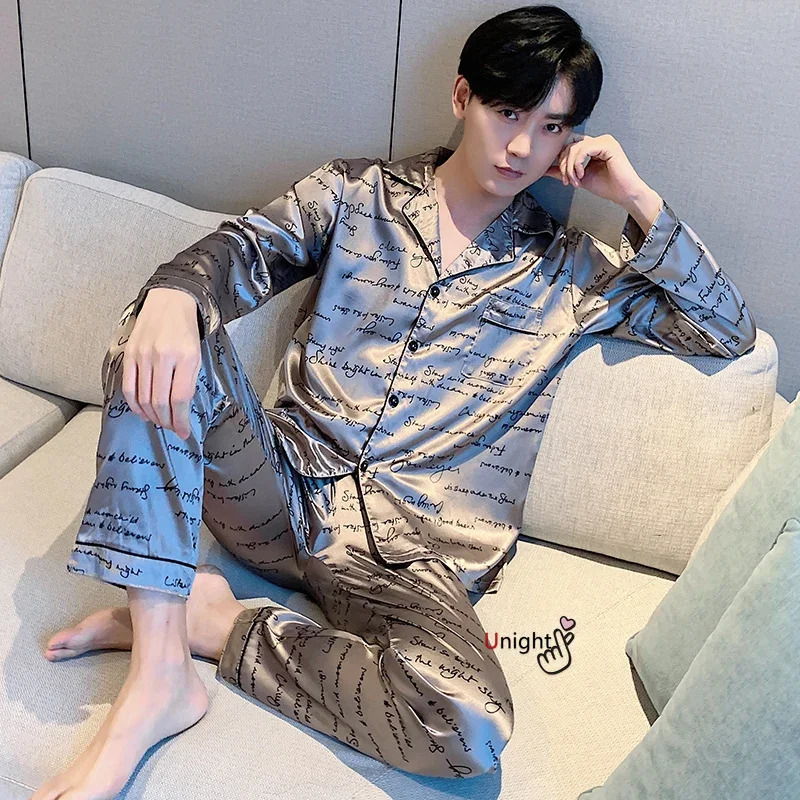 Men Silk Pajamas Trousers Suit Full Body Pajama Homewear Oversize Sleepwear y for Autumn Winter 5XL 250103