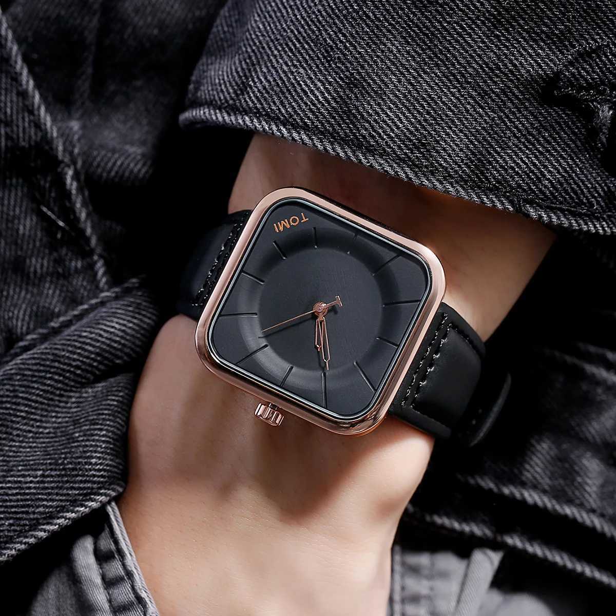 TOMI Fashion Simple Black Quartz Mens and Womens Square High Quality Elegant Mens Leisure Calendar Quartz W250104
